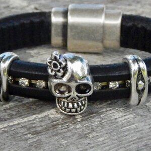 Leather Bracelet - Slider Charm - Sugar Skull - Licorice Leather - HANDMADE